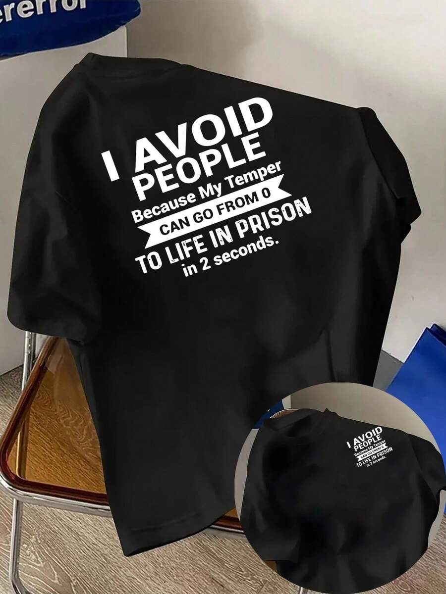 Camiseta de hombre con un estilo gruñón y frases humorísticas impresas en la parte delantera y trasera. Esta camiseta de manga corta, moderna y a, adecuada para el uso casual diar - Negro - Ver 1