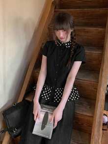 Summer New Black & Polka Dot Puff Collar Short Sleeve T-Shirt, Fitted Flattering Design, Versatile Top Casual - Black - View 5