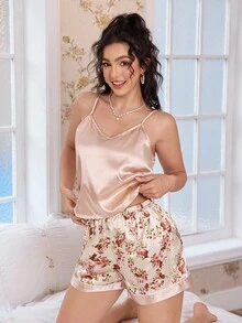 Women's Pajama Set With Solid-Color T-Shirt Top And Floral Print Shorts - 粉色 - 查看 1