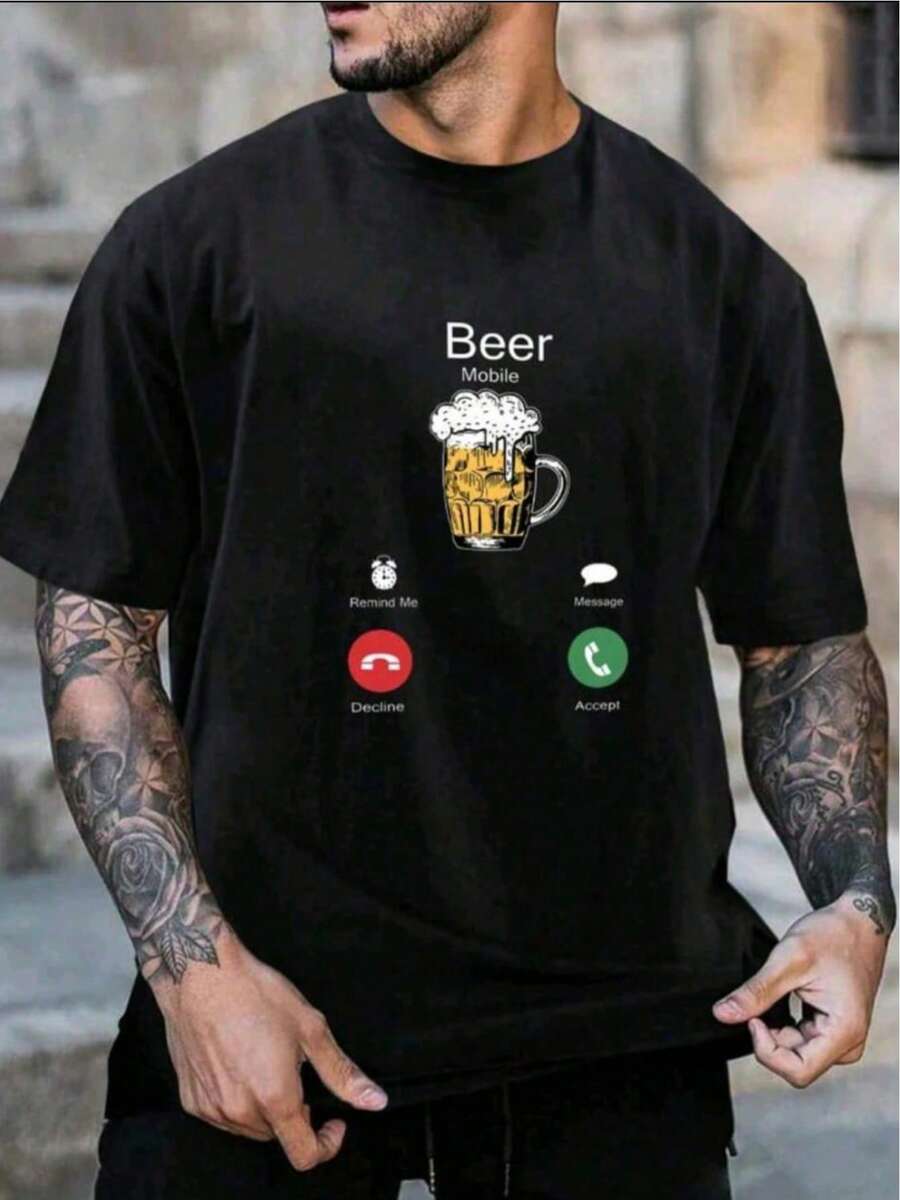 Camiseta divertida de entrenamiento para cerveza con cuello redondo, manga corta, tejido de punto de poliéster, elasticidad media, estampado animal, top cómodo para todas las estaciones. - Negro - Ver 1