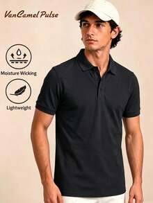 Vancamel Pulse Men's POLO Shirt, Fashionable Loose Breathable Solid Color Sports Short Sleeve, Simple Versatile Casual Style T-Shirt, Outdoor Commuting Light Business Short Sleeve - Black - View 2