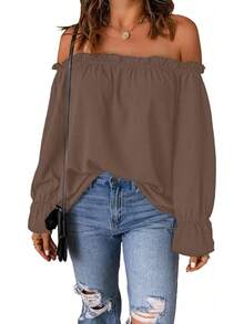 Spriolim - Blusa de gasa de manga larga con volantes y hombros descubiertos para mujer - 29 Boho Naranja - Ver 18