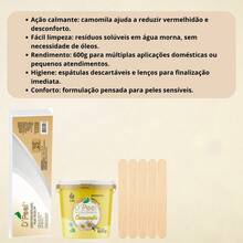 Kit Completo para Depilação Cera Hidrossolúvel Camomila 600g + Lenço com 25fls + 5 Espátulas De Brinde - tira - Visão 3