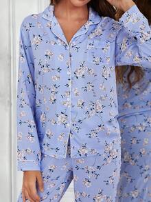 Conjunto de Pijama para Mujer con Cuello Recortado, Estampado Floral, Camisa con Botones y Pantalones Largos, Algodón, 2 Piezas, Ropa de Dormir - Amarillo - Ver 4