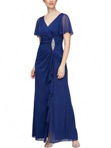 Alex Evenings - Vestido Largo para Madre de la Novia con Mangas voladas para Mujer con Cintura Imperio Fruncido (Tallas pequeñitas y Normales) - Wedgewood - Ver 15