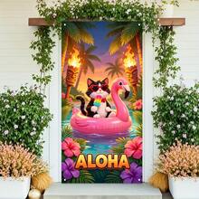 1 Stück Hawaiian Aloha Sommer Pool Tür Banner, Polyester Material, Mode Brille Katze Flamingo Tiki Fackel Muster Dekor Hintergrund, geeignet für Party Veranstaltungen, Veranda Dekoration, Fotografie Requisiten, Innen- & Außenwand Dekoration - Übersicht 3