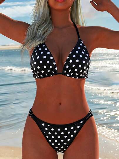 Conjunto de bikini halter sexy casual con lunares para mujeres, traje de baño de dos piezas perfecto para playa y piscina en verano, nueva llegada, atuendos para festivales y vacaciones de verano
