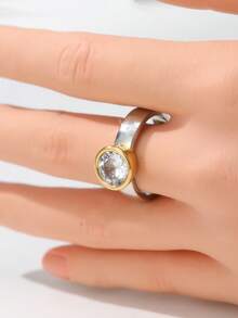 Gmzalx Round Synthetic Cubic Zirconia Wedding Ring, Simple Two-Tone Jewelry Gift For Women - Two-color - View 3