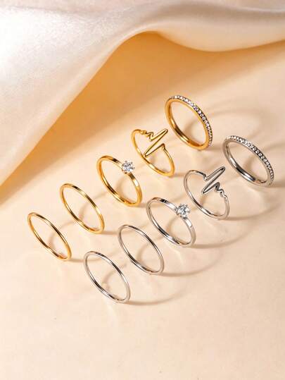 5pcs Gold & Silver Thin Rings Set, ECG Heartbeat Hollow Design With Rhinestones, Plain Band, Romantic Couple & Best Friend Women Stacking Ring Set