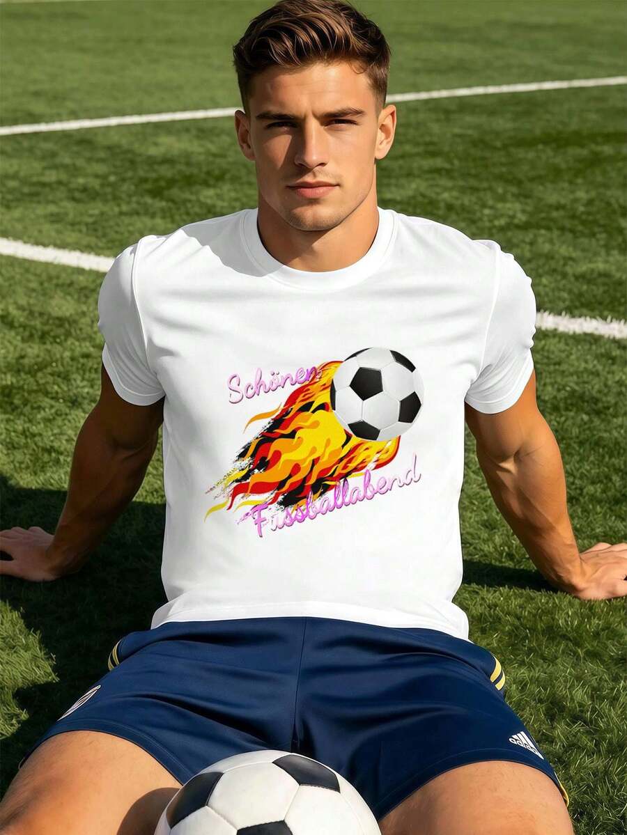 Men's Premium Cotton Football Fire Print T-Shirt, Street Hip-Hop Style, Comfortable, Durable, High-Impact Print. - White - View 1