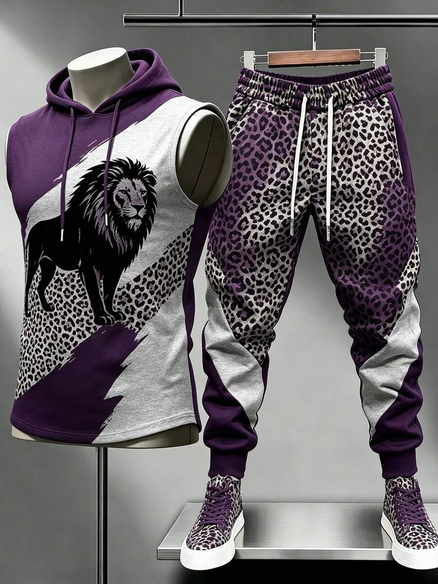 Men's Color Block Lion Leopard Print Sleeveless Hoodie & Jogger Pants Set, Street Casual Sportswear Outfit For Adult Men - 彩色 - 查看 1