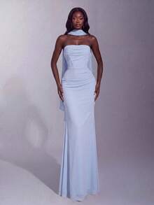 Elegant Off-Shoulder Long Dress, Flowing Cape Sleeves, Ruched Waist, Mermaid Hem Fall Wedding - Baby Blue - View 3