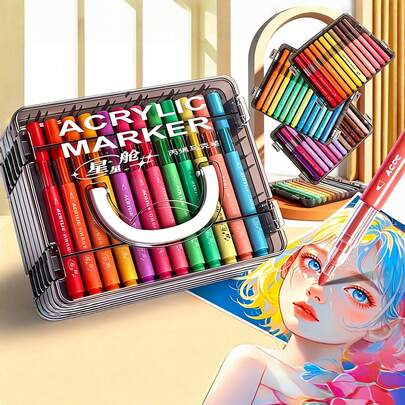 24/36/48/60/72/84 Colors Acrylic Marker Set Gift Box With Carrying Handle, Opaque Layering Acrylic Markers For Student Painting And Drawing, Exquisite Gift For Students, Perfect Gift, Markers, Back To School, School Supplies