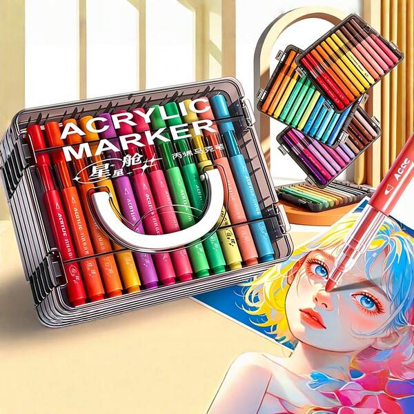 24/36/48/60/72/84 Colors Acrylic Marker Set Gift Box With Carrying Handle, Opaque Layering Acrylic Markers For Student Painting And Drawing, Exquisite Gift For Students, Perfect Gift, Markers, Back To School, School Supplies