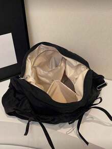 Black Anti-Wrinkle Nylon Shoulder Bag, Drawstring Pleated Pocket, Adjustable Wide Strap, Soft Large Capacity Casual Shoulder Bag, Ideal Choice For Minimalist Street Girls, Perfect For Daily Outings, Coffee Dates, Weekend Shopping And City Walks. - Black - View 6