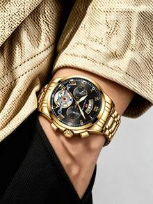 Brand 2025 新款男士奢華金銀黑 41mm 不鏽鋼指針陀飛輪發光日期防水石英運動手錶 - 黑色 - 查看 9