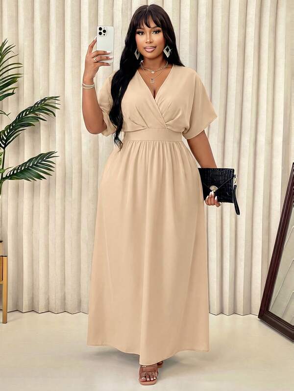 BIUBIU Vestido Maxi Cruzado con Cuello en V para Mujer Talla Grande, Elegante Vestido de Noche con Manga Corta de Murciélago, Detalle Fruncido y Bajo Acampanado para Verano