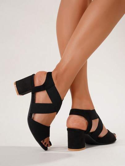 Criss Cross Strap Chunky Heeled Suedette Slingback Sandals,Spring Summer Outfits