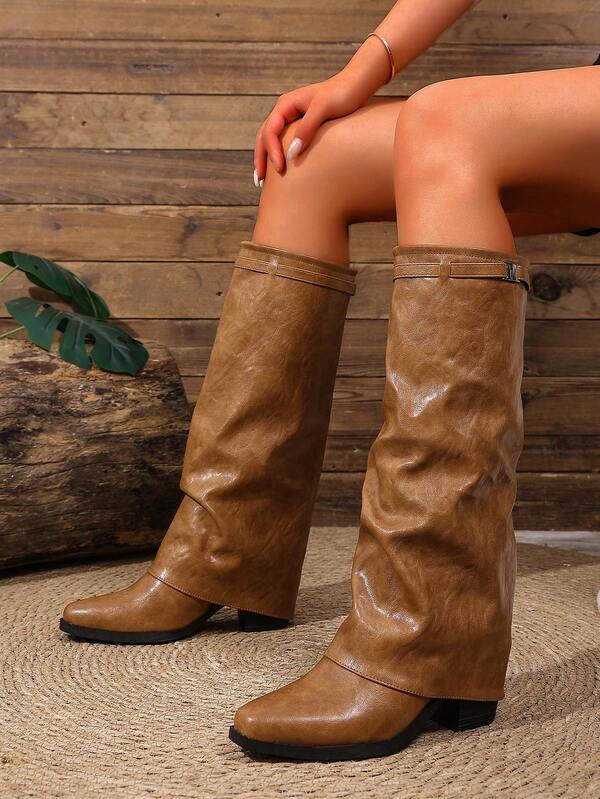 2026 Autumn/Winter Women's Mid-Calf Western Style Brown Boots, Square Toe, Low Block Heel, Tall Cowboy Boots, Riding Boots, Coachella Music Festival