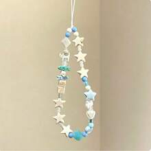 Fresh Sea Salt Blue & White Wooden Star Phone Lanyard, Cartoon Fish & Puppy 3D Beaded Design, Gentle Healing Ins Niche Style Handmade Beaded Wrist Strap, Compatible With Various Phone Cases, Bluetooth Earphones, Keys, Bag Charms, Lightweight & Comfortable, Summer Vibe Accessory, Versatile For Girls' Daily Wear, Exquisite & Cute Gift, Minimalist Ocean Style Decorative Charm - Baby Blue - View 1