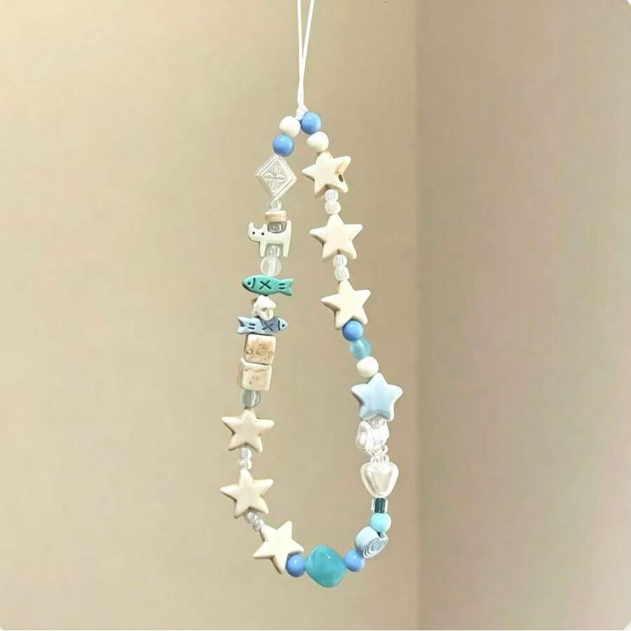Fresh Sea Salt Blue & White Wooden Star Phone Lanyard, Cartoon Fish & Puppy 3D Beaded Design, Gentle Healing Ins Niche Style Handmade Beaded Wrist Strap, Compatible With Various Phone Cases, Bluetooth Earphones, Keys, Bag Charms, Lightweight & Comfortable, Summer Vibe Accessory, Versatile For Girls' Daily Wear, Exquisite & Cute Gift, Minimalist Ocean Style Decorative Charm - Baby Blue - View 1