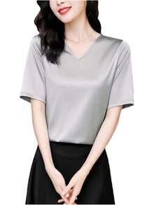 Blusa básica de seda de verano para mujer, elegante, cuello en V, manga corta, color liso, para oficina o dama - Color - Ver 9