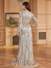 Women's V-Neck Long Sleeve Zebra Stripe Sequin Elegant Party Dress With Detachable Belt Wedding Fall - Beige - View 3