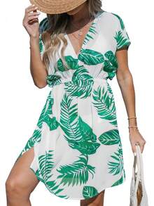 - Vestido corto de playa con cuello en V a rayas y cintura elástica para mujer - verde salvia - Ver 14