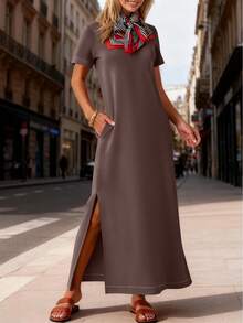 ANRABESS - Vestido largo casual de verano para mujer, manga corta, cuello redondo, dividido, sin arrugas, para viajes, playa, día festivo - Verde bosque - Ver 3