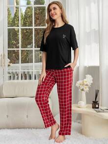 Conjuntos de pijama para mujer con cuello de rosca, top de manga corta y pantalones largos a cuadros, ropa de dormir de 2 piezas para otoño, primavera y invierno. - Negro - Ver 8