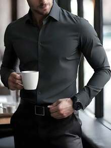 anfinity Mode Elegante camisa de vestir blanca de manga larga para uso formal o de oficina con cuello de camisa, camisas de negocios, camisa casual de negocios para hombres, otoño, ceremonia - Negro - Ver 16