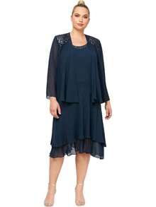 S.L. Fashions Vestido de Chaqueta escalonada Adornado de Talla Grande para Mujer - Higo - Ver 12