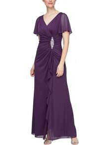 Alex Evenings - Vestido Largo para Madre de la Novia con Mangas voladas para Mujer con Cintura Imperio Fruncido (Tallas pequeñitas y Normales) - Malla azul eléctrica - Ver 14