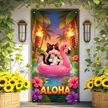 1 Stück Hawaiian Aloha Sommer Pool Tür Banner, Polyester Material, Mode Brille Katze Flamingo Tiki Fackel Muster Dekor Hintergrund, geeignet für Party Veranstaltungen, Veranda Dekoration, Fotografie Requisiten, Innen- & Außenwand Dekoration - Übersicht 4