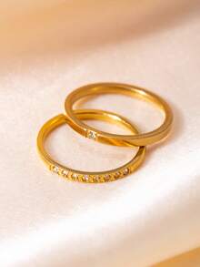 2pcs Fashionable Luxury Stainless Steel 18K Gold Plated Single Diamond And Single Row Rhinestone Thin Band Ring Set, Suitable For Women's Daily Wear Or Party - Ring Set - View 4