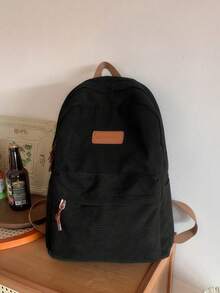 Minimalist Large Capacity Backpack For Women, Solid Color, Functional Corduroy Backpack With Letter Patch, Large Capacity, Lightweight And Portable, Perfect For Teens, Women, Students - Black - View 1