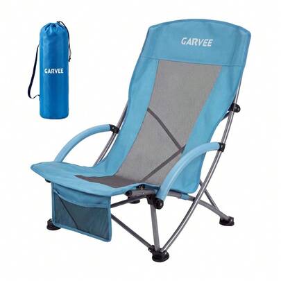 Beach Chair, Folding Low Beach Chairs For Adults, Wide Seat & Padded Armrests, Picnic Deck Chair With Cupholder & Storage Pocket For Travel Festival Outdoor