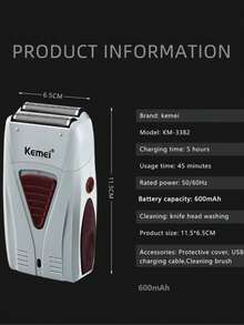Kemei KM-3382 Hot-Selling Men's Electric Shaver, USB Rechargeable Reciprocating Shaver, Bald Men's Hair/Beard Trimmer, Dual Blade Head Razor 1pc - Light Grey - View 11