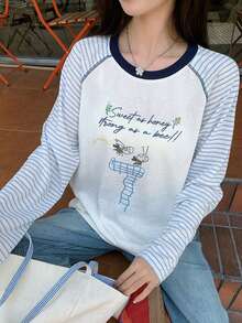 Women's Slogan Striped Long Sleeve Crew Neck Casual T-Shirt - Blue - View 3
