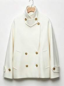 Solid Color Elegant Overcoat With Lapel And Double-Breasted Buttons, Sophisticated Wool Jacket For Commuting - Beige - View 3