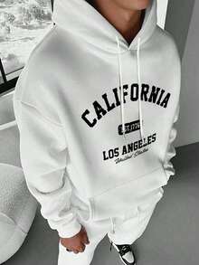 男士秋冬休閒時尚街頭風 CALIFORNIA 印花袋鼠口袋抽繩連帽抓絨衛衣 - 白色 - 查看 1