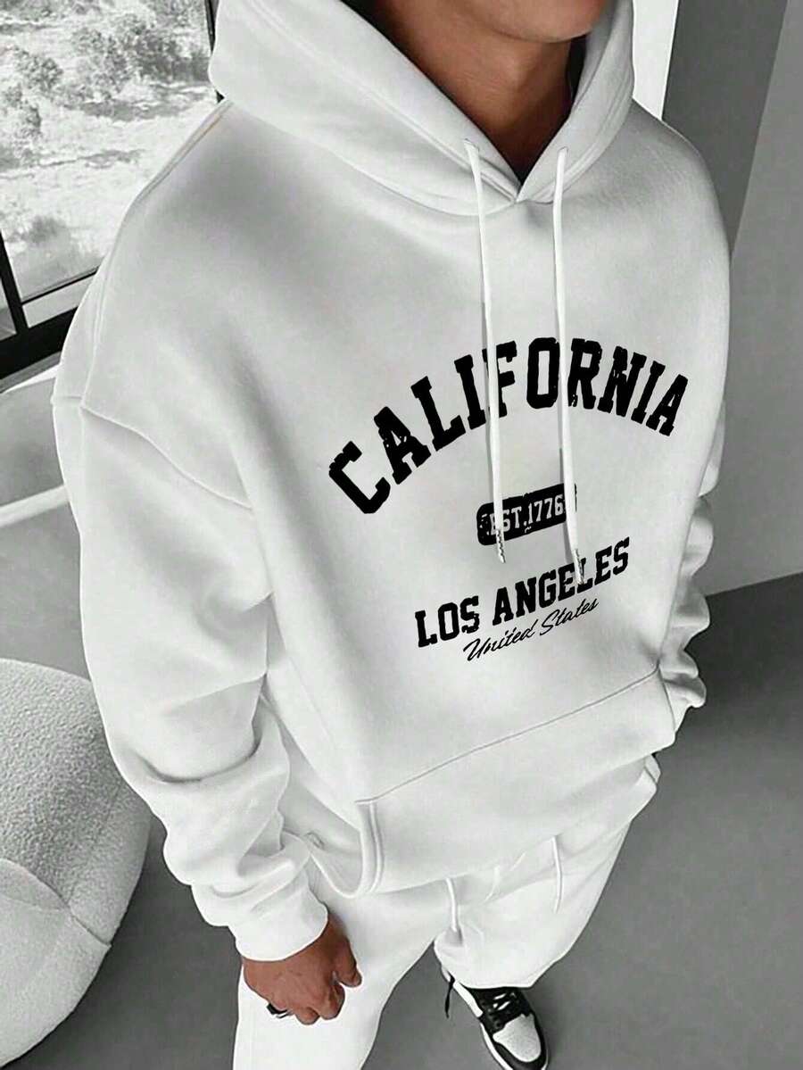 男士秋冬休閒時尚街頭風 CALIFORNIA 印花袋鼠口袋抽繩連帽抓絨衛衣 - 白色 - 查看 1