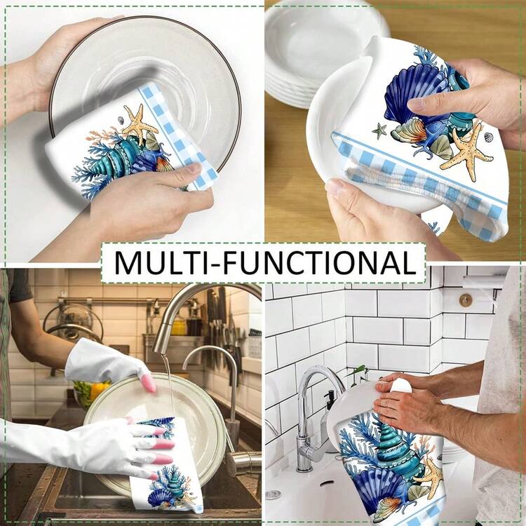2/4/6pcs Set, Dish Towel, Shell And Starfish Pattern Printed Towels, Kitchen Cooking And Baking Tea Towels, Dishcloth, Cleaning Towels, Hand Towels, Tea Towels, Super Soft And Highly Absorbent, Kitchen Decor, Kitchen Accessories, Daily Necessities, Life Essentials. - Multicolor - View 11