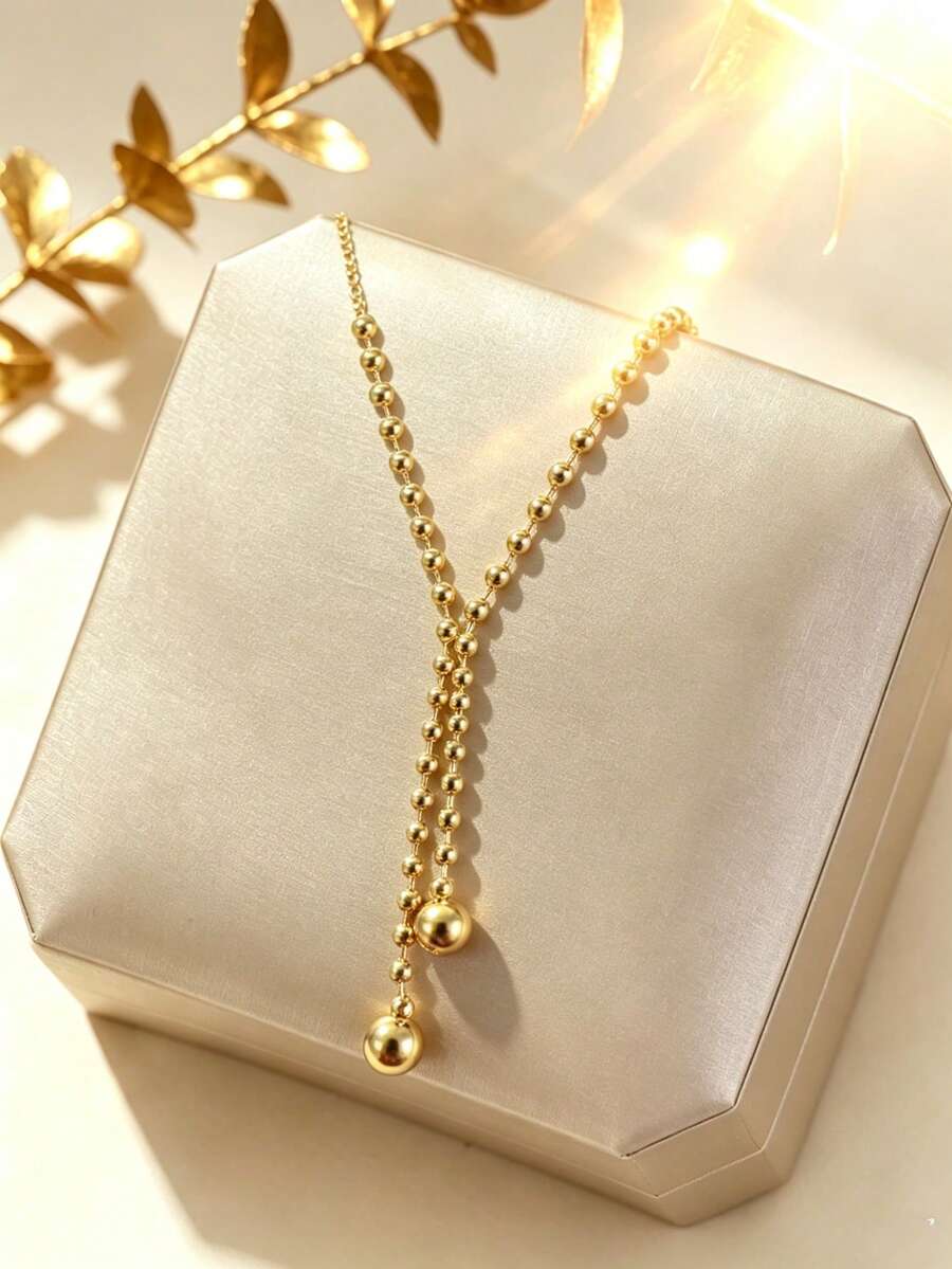 1pc Stainless Steel Ball Pendant Chain Necklace For Women, Creative Design, Minimalist, Personalized, Fashionable, Vintage, Casual, Valentine's Day Gift, Daily, Holiday, Commute, Street, Party, Gift-Giving, Wearing (OPP Bag Packaging, Box For Photography Only) - Yellow Gold - View 1