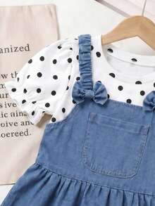 2pcs/Set Girls Toddler Casual Comfortable Cute Breathable Skin-Friendly French Style Puff Sleeve Round Neck Polka Dot T-Shirt With Bow Pleated Shoulder Strap Vintage Denim Overall Dress Outfit - Multicolor - View 4