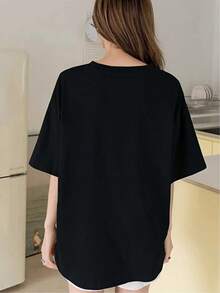 2026New Spring/Summer Loose Fit Off-Shoulder Women's Short Sleeve T Shirt| Casual All-Matching,With Letter Print - 黑色 - 查看 2