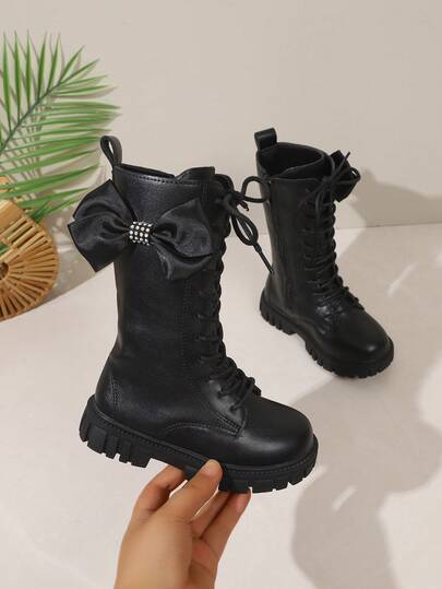 1 Pair Girls' Sweet & Cool High-Top Boots, Matte Soft PU Fabric + Rhinestone Satin Bow Decor, Lace-Up Side Zipper Non-Slip Gear Thick Sole Design, Sweet & Cool Princess Style, Suitable For Daily Casual, School, Party, Performance, Travel, Vacation, Autumn/Winter New 2026