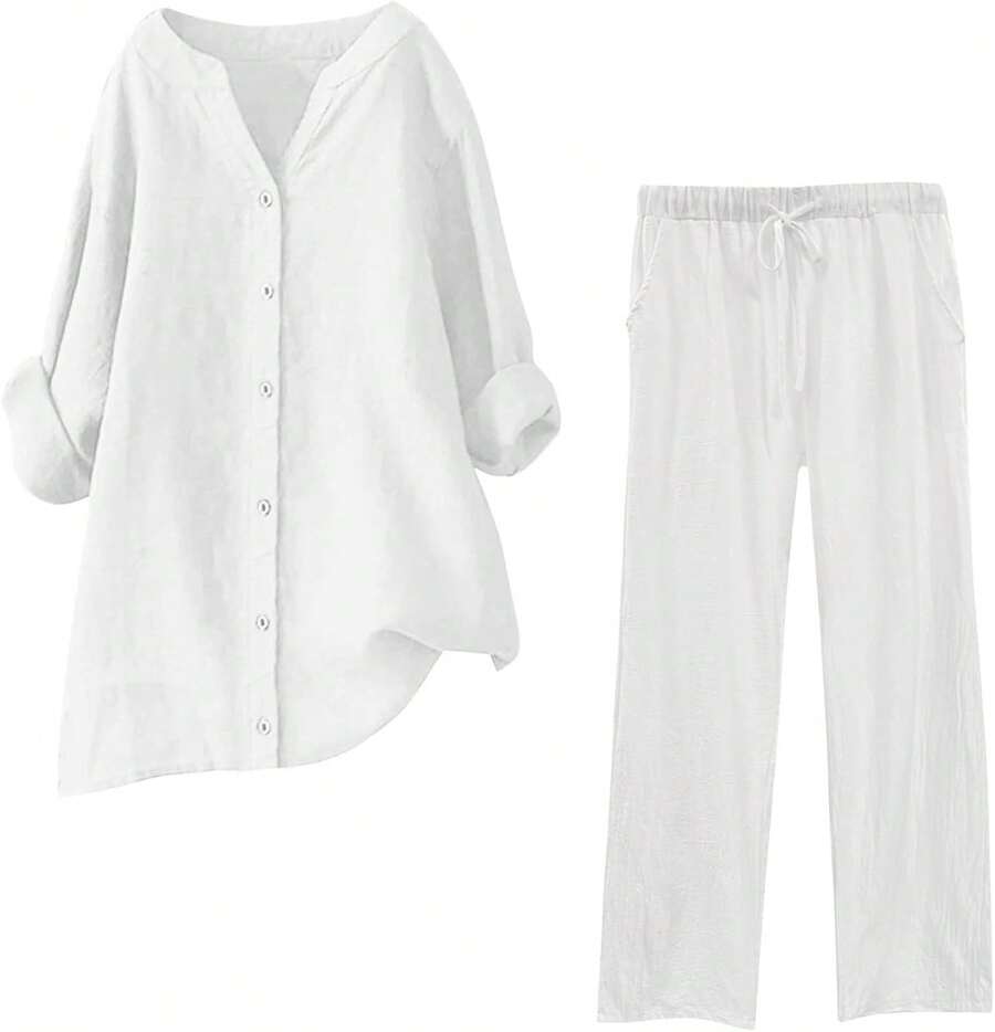 onjunto de verano de 2 piezas para mujer, tallas grandes, conjuntos de lino de algodón, cuello en V, blusa abotonada, camisetas de gran tamaño, camisetas de manga larga y pantalones casuales - Z_marina - Ver 1