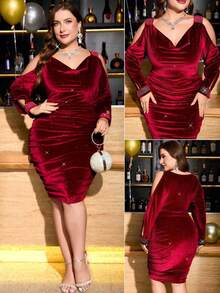 xuehuamaoyi02  Clasi Vestido elegante de manga larga con hombros descubiertos y volantes para mujer de talla grande - Burdeos - Ver 9