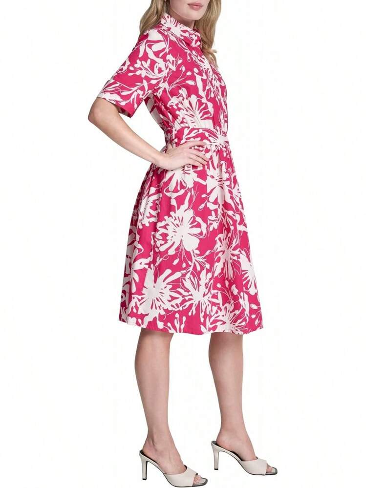 DKNY Vestido Camisero de Algodón Popelina con Cuello y Manga 3/4 para Mujer - Helecho/Marfil Multi - Añade 3